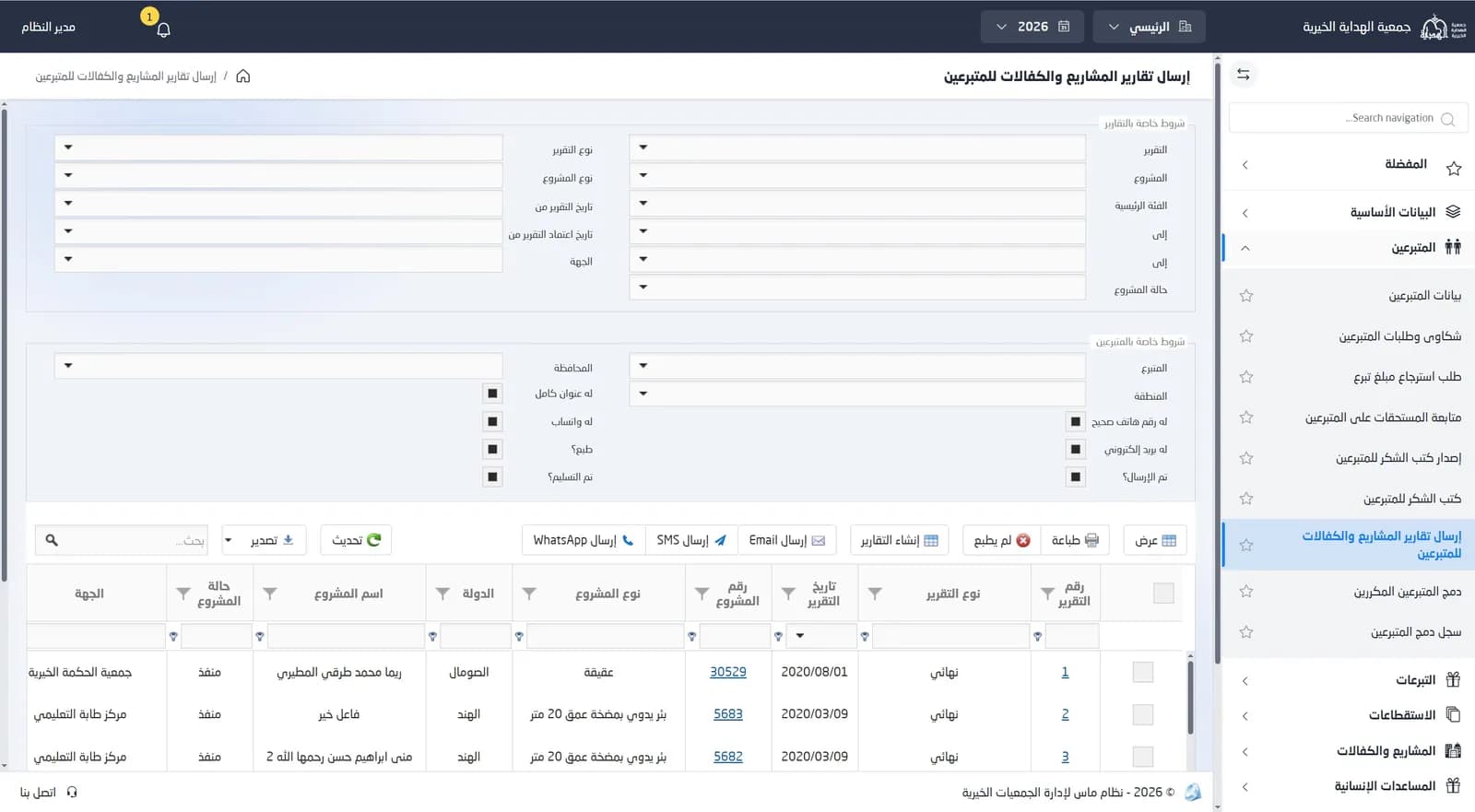 شاشة إرسال تقارير المشاريع والكفالات للمتبرعين مع أزرار الإرسال عبر البريد والرسائل النصية وواتساب