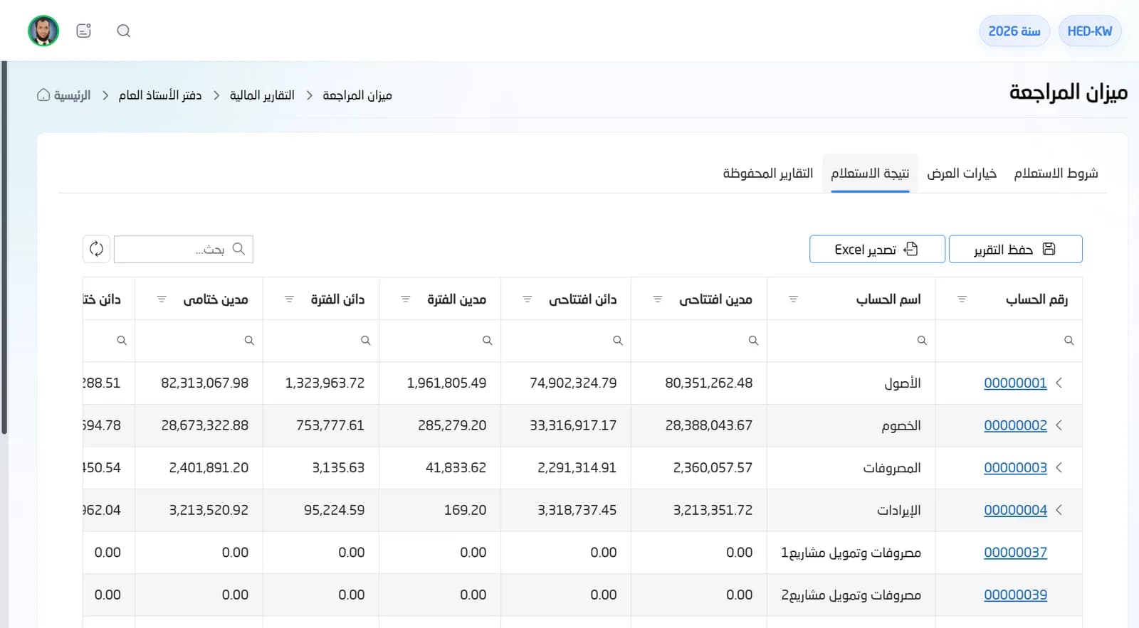 نتيجة ميزان المراجعة الشجري في FlexoraERP